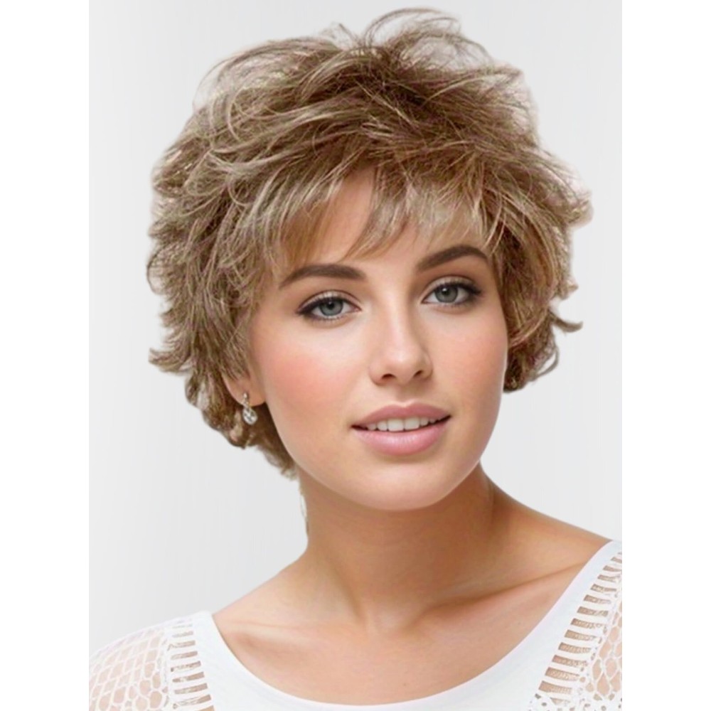 TISHINING Short Ombre Blonde Curly Wig with Bangs Fluffy Layered Blonde Pixie Cut Wigs for White Women Natural Wavy Synthetic Hair Replacement Wig