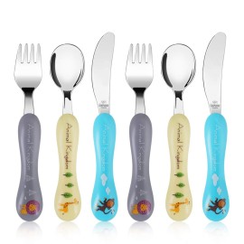 Lehoo Castle 6 Pieces Toddler Utensils, Kids Silverware for 2 3 4 Years Old, Stainless Steel Knife Fork and Spoon Set with Plastic Handle, Safe Toddler Cutlery (Animal)