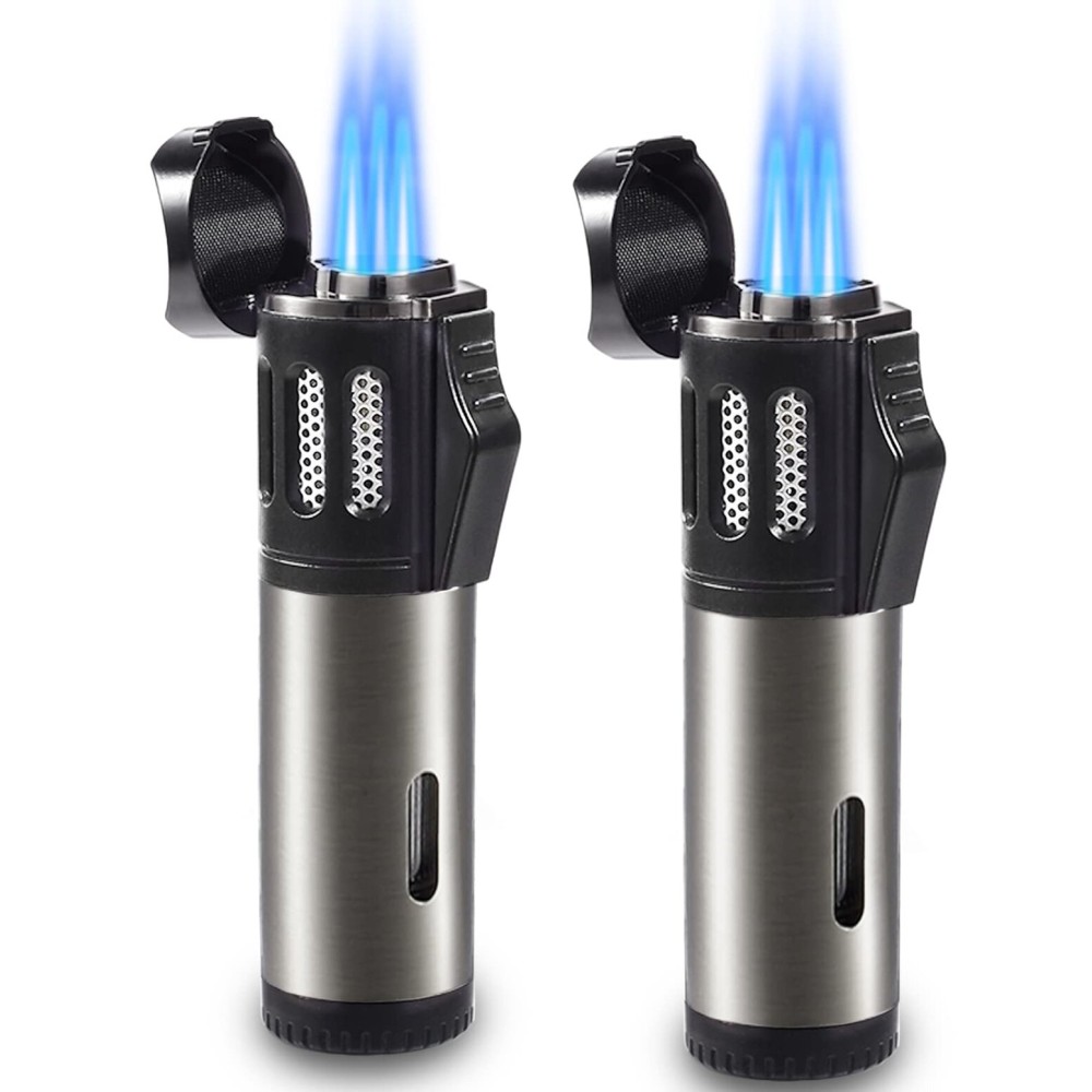 Urgrette 2 Pack Torch Lighter Triple 3 Jet Flame Butane Gas Lighter Refillable Jet Torch Lighters Adjustable Windproof Pocket Lighter for Grill Kitchen Fireplace Camping (Fuel Not Included)