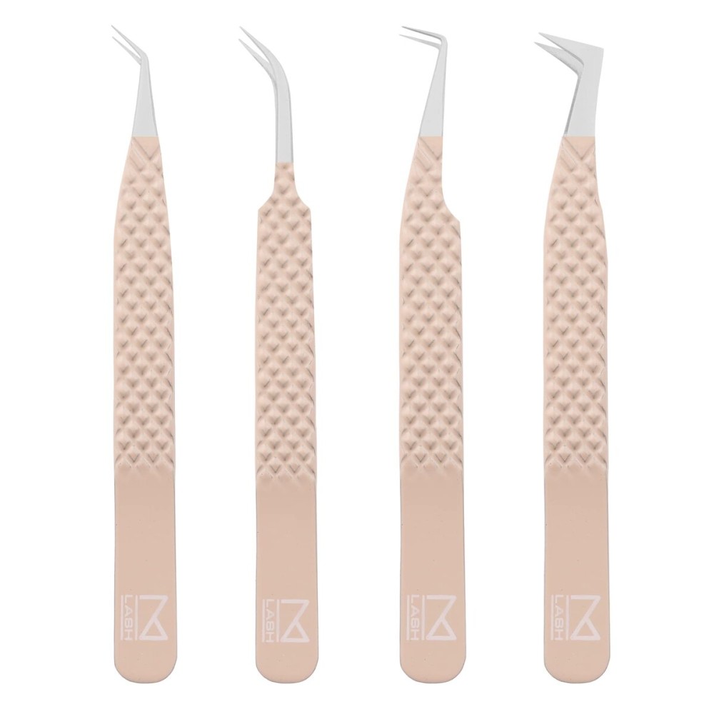 M LASH Tweezers for Eyelash Extensions (Set of 4) - Professional Lash Extension Tweezers - Fiber Tip, Japanese Steel, Diamond Grip Eyelash Extension Tweezer set (ET-Neu)