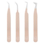 M LASH Tweezers for Eyelash Extensions (Set of 4) - Professional Lash Extension Tweezers - Fiber Tip, Japanese Steel, Diamond Grip Eyelash Extension Tweezer set (ET-Neu)
