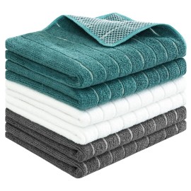 PY HOME & SPORTS Microfiber Kitchen Dish Towels 6 Pack- 17 x 25 Super Absorbent Kitchen Hand Dish Cloths with Upgraded Mesh Design, Lint Free & Quick Drying (Grey/White/Teal)