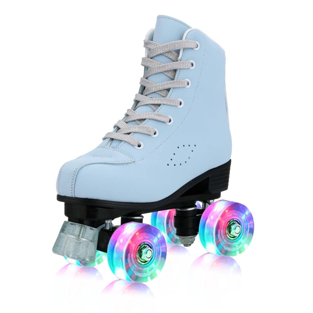 YYW Stylish Women Roller Skates, Cozy Sky Blue Premium Frosted Material Roller Skates, High-top Classic Double Row Indoor Outdoor Roller Skates for Beginner with Flash Wheels (US Women: 10)