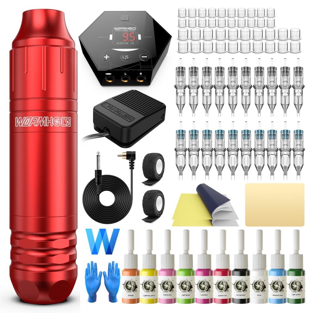 Tattoo Kit, Wormhole Tattoo Machine Kit Rotary Tattoo Machine Kit 20pcs Cartridge Needles 10pcs Tattoo Ink Complete Tattoo Practice Pen Kit for Beginners and Tattooists WTK144