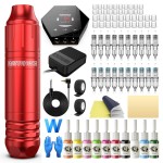 Tattoo Kit, Wormhole Tattoo Machine Kit Rotary Tattoo Machine Kit 20pcs Cartridge Needles 10pcs Tattoo Ink Complete Tattoo Practice Pen Kit for Beginners and Tattooists WTK144