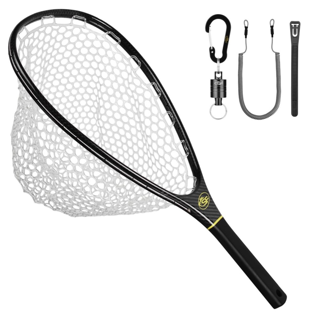SF Fly Fishing Stealth Carbon Fiber Landing Net Soft Silicone Rubber Mesh Trout Catch and Release Net Small with Black Magnetic Net Release Combo Kit