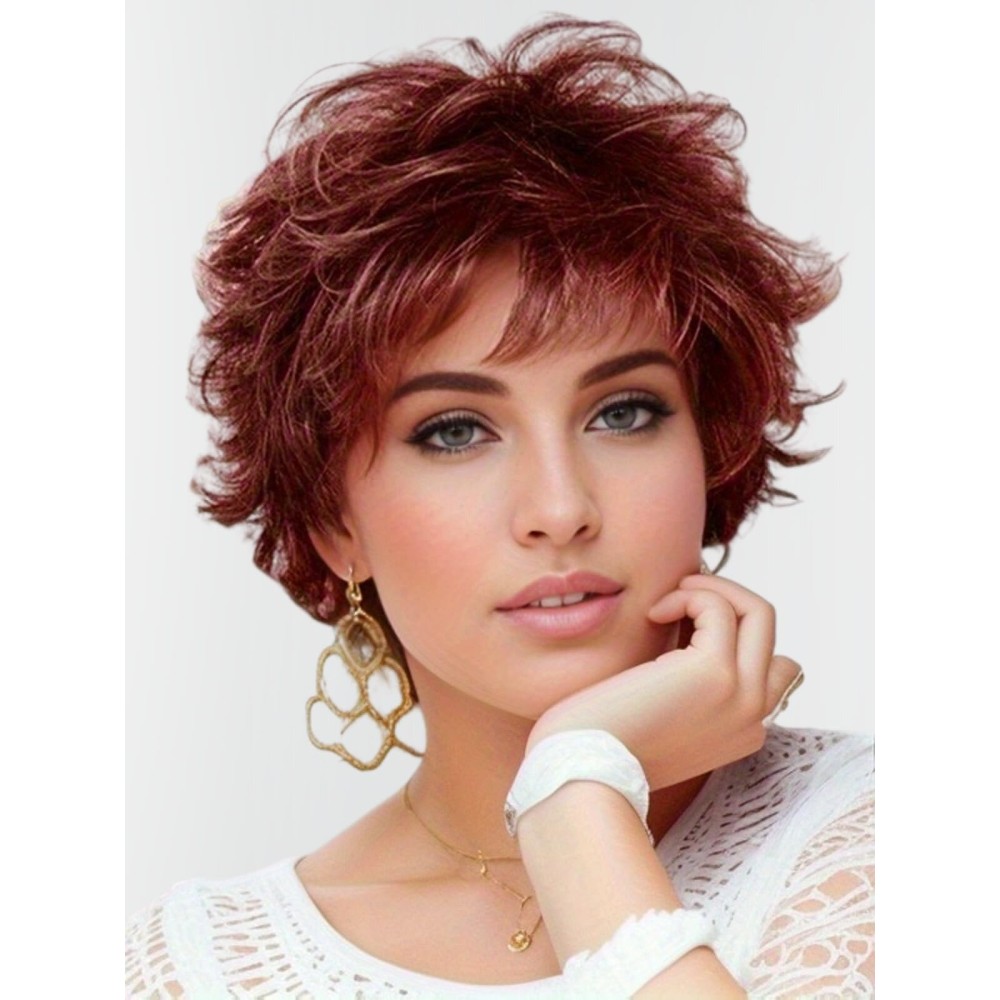 Short Ombre Red Curly Wigs for White Women Layered Red Mixed Brown Pixie Cut Wig with Bangs Synthetic Natural Looking Daily Party Wig 6 Inch
