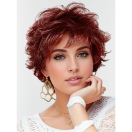 Short Ombre Red Curly Wigs for White Women Layered Red Mixed Brown Pixie Cut Wig with Bangs Synthetic Natural Looking Daily Party Wig 6 Inch