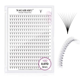 NAGARAKU Premade Fans Eyelash Extensions 320 Fans 10D Volume 0.07mm D curl 9mm Sharp Narrow Stem Clusters Thin Pointy Base Russian Pre Fanned Fluffy Matte Black