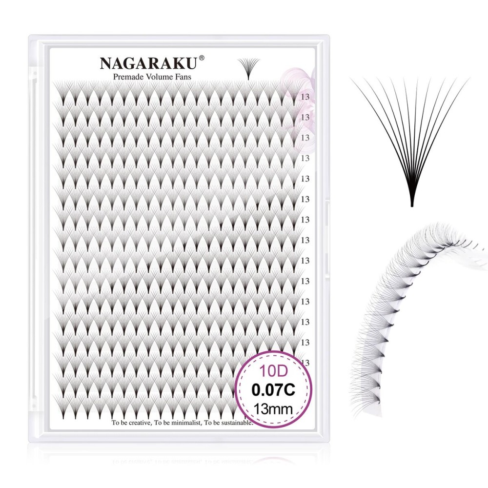 NAGARAKU Premade Fans Eyelash Extensions 320 Fans 10D Volume 0.07mm C curl 13mm Sharp Narrow Stem Clusters Thin Pointy Base Russian Pre Fanned Fluffy Matte Black