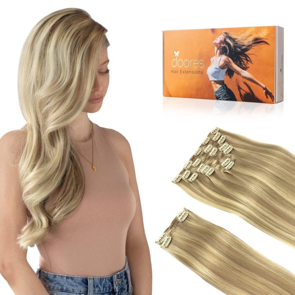 DOORES Hair Extensions Clip in Human Hair, Light Blonde Highlighted Golden Blonde 150g 9pcs 22 Inch, Clip in Hair Extensions Human Hair Extensions Human Hair Natural Straight Thick Human Hair