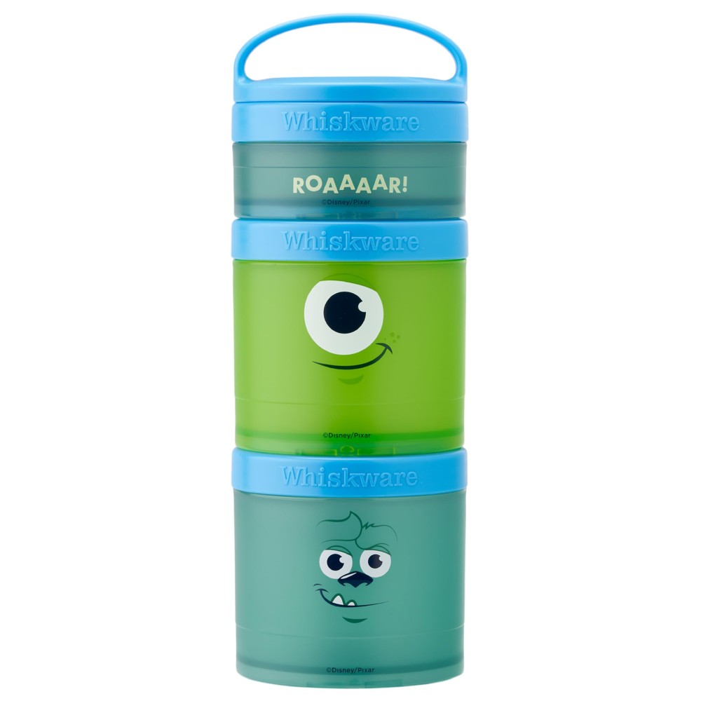 Whiskware Disney Pixar Stackable Snack Containers for Kids and Toddlers, 3 Stackable Snack Cups for School and Travel, Monsters Inc Mike Wazowski and Sulley