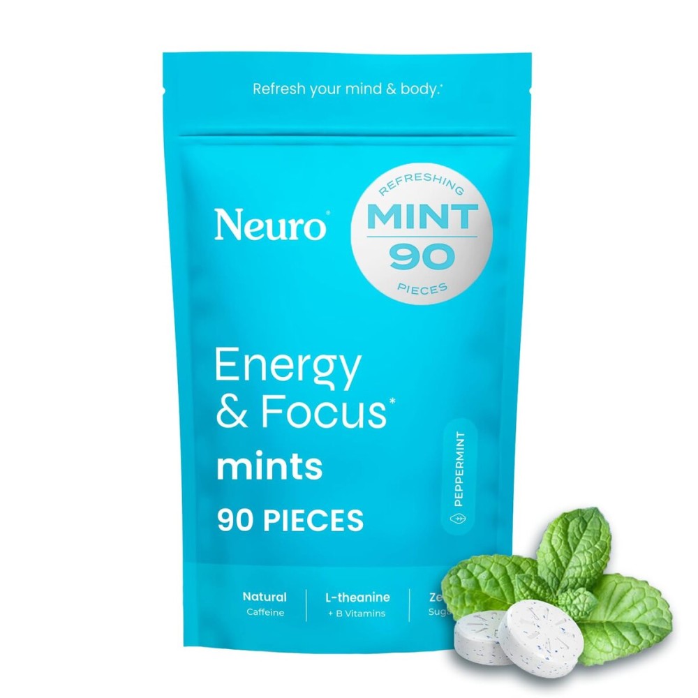 Neuro Energy & Focus Mints - Sugar Free Breath Mints with 80mg Natural Caffeine, B Vitamins & L-Theanine - Vegan Brain Supplement for Exercise, Study & Daily Focus - Peppermint, 90 ct