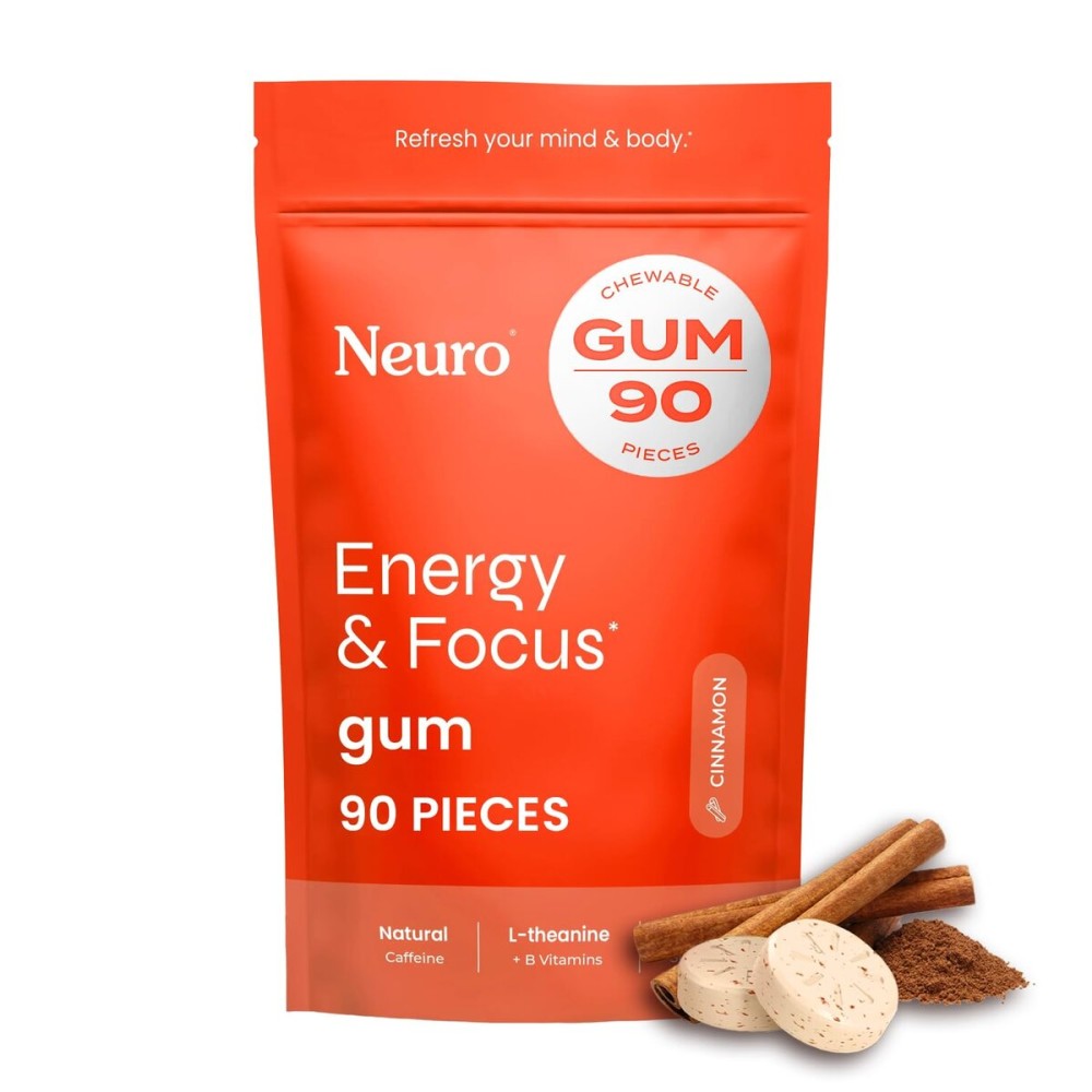 Neuro Energy & Focus Gum - 40mg Natural Caffeine Gum & Nootropic Energy Supplement with L-Theanine & B Vitamins - Sugar Free, Vegan - Cinnamon, 90ct