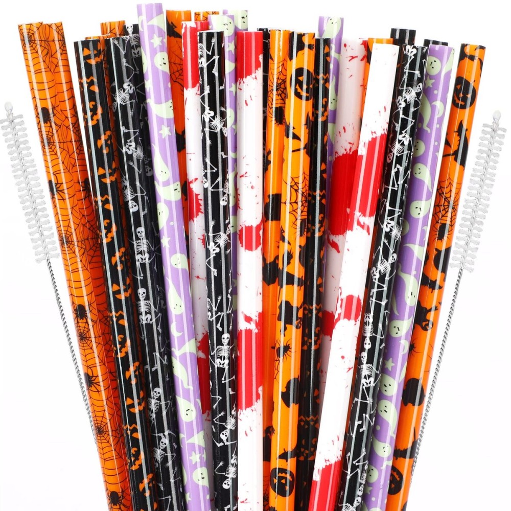 JANYUN 30 Pcs Halloween Reusable Straws 9inch Pumpkin Bat Skeleton Spider Printing Hard Plastic Drinking Straw for Mason Jar Tumbler Family Party Favors Cleaning Brush