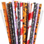 JANYUN 30 Pcs Halloween Reusable Straws 9inch Pumpkin Bat Skeleton Spider Printing Hard Plastic Drinking Straw for Mason Jar Tumbler Family Party Favors Cleaning Brush