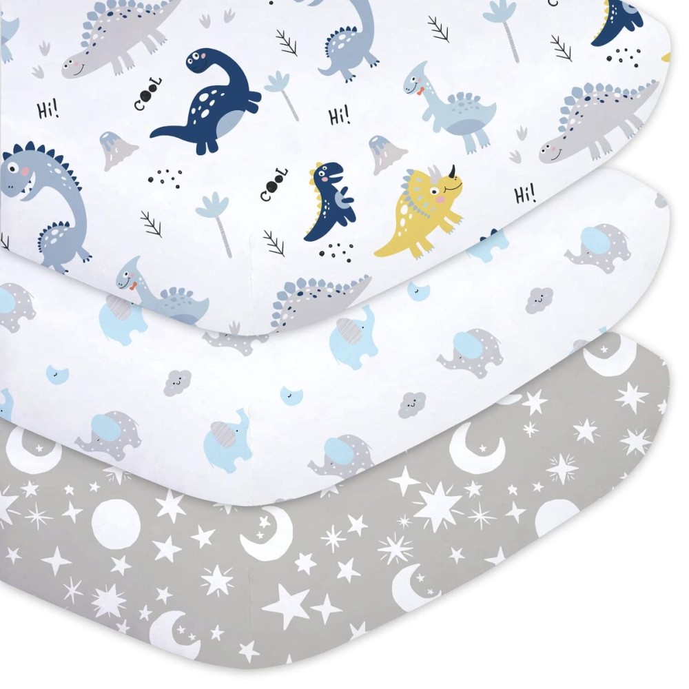 Plushii Crib Sheets for Baby Boys 3 Pack, 28x 52 Extra Soft Microfiber Crib Sheet Set for Baby Crib Mattress Sheet & Toddler Mattress Pad, Dinosaur & Elephant & Stars