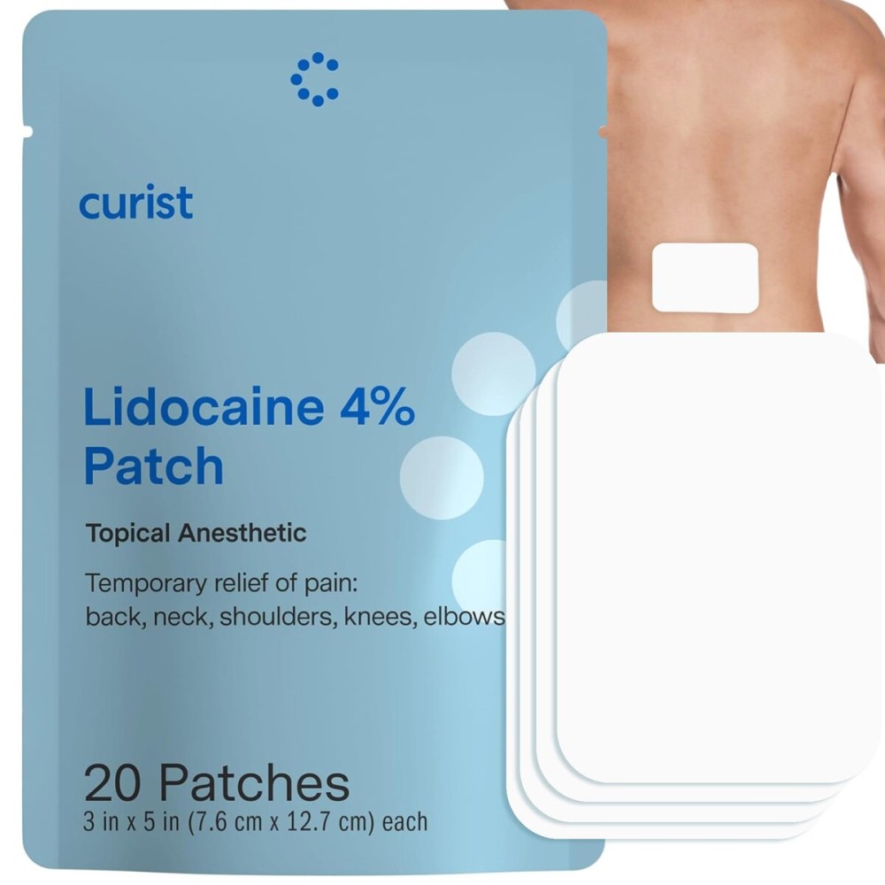 Curist Super Stick Lidocaine Patches Topical Pain Relief - Long Lasting Adhesive for Back Relief, Neck Relief, Sore Muscle Relief (20 Patches -1 Pack - 3x5 Lidocaine 4% Patches)