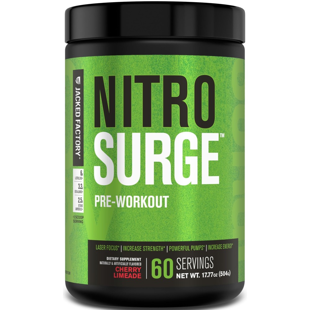 Jacked Factory NITROSURGE Pre Workout Supplement - Endless Energy, Instant Strength Gains, Clear Focus, Intense Pumps - NO Booster & Powerful Preworkout Energy Powder - 60 Servings, Cherry Limeade
