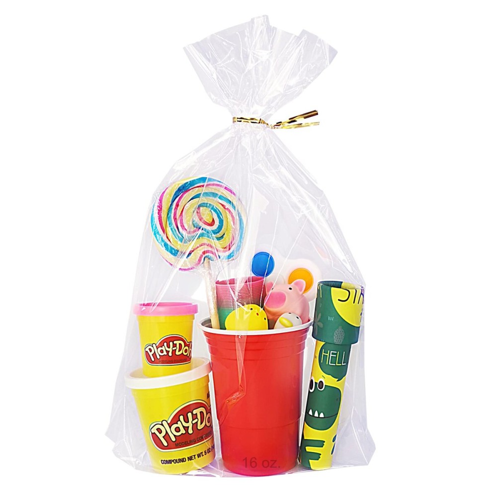 Wowfit 50 CT 10x14 inches Clear Bottom Gusset Cellophane Gift Bags with 6 Gold Twist Ties, Cello Packaging for Party Favors, Bridal Showers, and Wedding Gift Wrapping