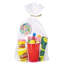 Wowfit 50 CT 10x14 inches Clear Bottom Gusset Cellophane Gift Bags with 6 Gold Twist Ties, Cello Packaging for Party Favors, Bridal Showers, and Wedding Gift Wrapping