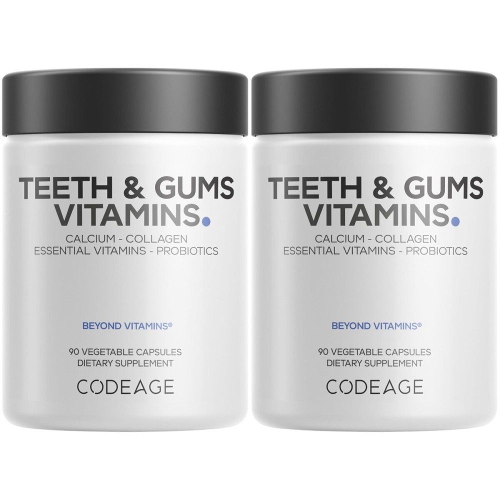 Codeage Teeth & Gums Vitamins + Oral Probiotics Supplement for Mouth - Whole Food Calcium, Collagen, Potassium, Vitamin C, D3, K2, Zinc - Oral Care & Dental Multivitamin Supplements - 2 Pack