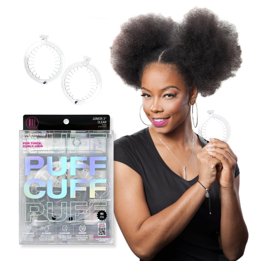 PuffCuff Junior 3 Hair Clamp, For All Natural Curly, Thick, Kinky, Textured, Locs, or Braided Hair, Painless, Damage-Free Styling Tool Made Specifically for Big Hair, Clear, 2 Pieces