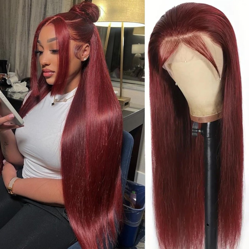 ULRICA 99J Burgundy Lace Front Wigs Human Hair Wigs for Black Women 26 Inch 13x4 HD Lace Burgundy Wig Human Hair Pre Plucked Red Lace Front Wigs 180% Density Straight Burgundy Wig