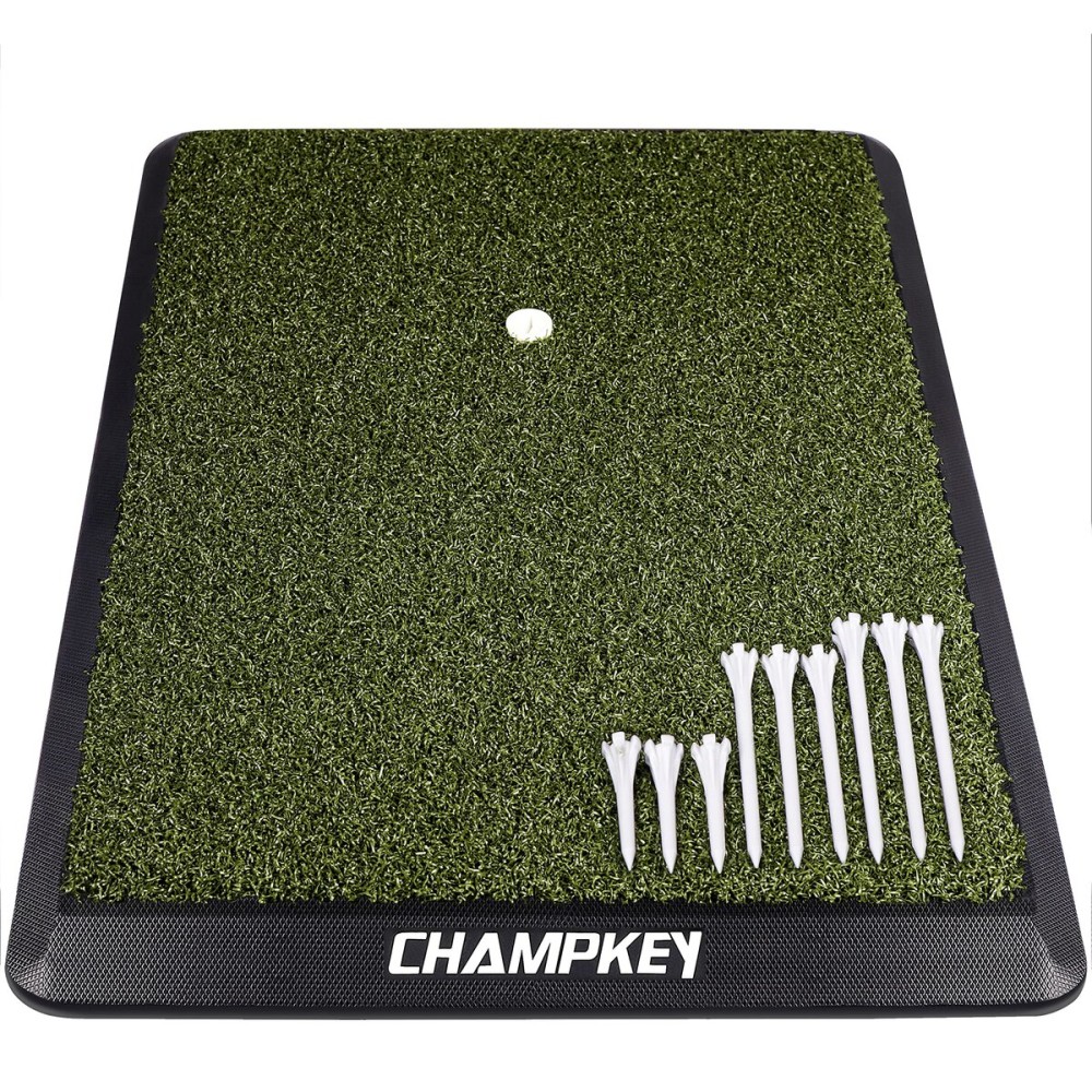 CHAMPKEY Premium Synthetic Turf Golf Hitting Mat | Heavy Duty Rubber Base Golf Practice Mat | Come with 1 Rubber Tee and 9 Plastic Tees (L(16 x 25), PRO Version)