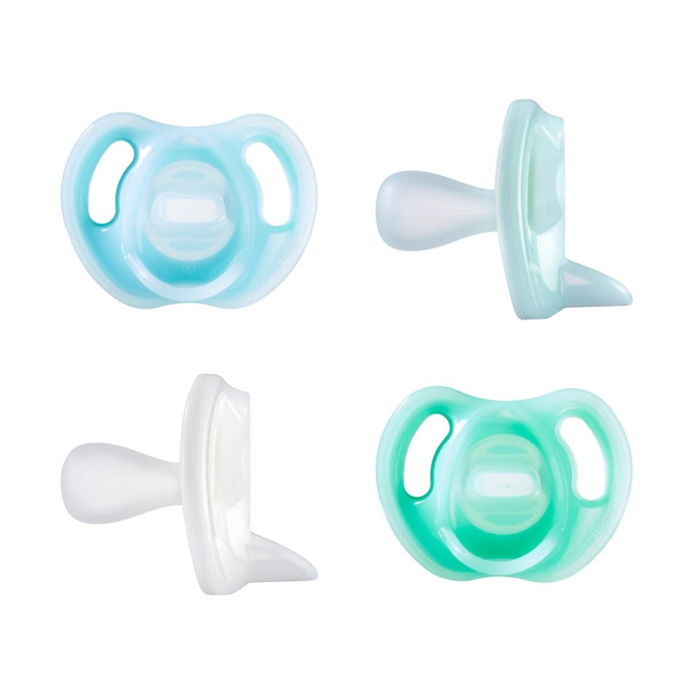 Tommee Tippee Ultra-Light Silicone Pacifier, 0-6 Months, Symmetrical One-Piece Design, BPA-Free Silicone Binkies, Blue/Green/Clear, Pack of 4