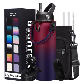 40OZ Stainless-steel Water-Bottle with Straw - Pop-up Spout & Straw Lids, Survival Paracord Handle, Storage Sleeve & Cup Mat, Leak Proof Reusable Insulated Men Women Water Jug for Gym Workout