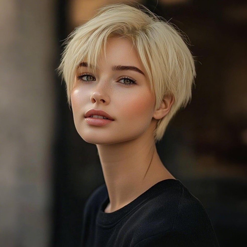 QUEENTAS Short Blonde Wig,Pixie Cut Wigs for White Women with Bangs Pixie Layered Short Hair Wigs for Women Synthetic Hair Daily Use Cosplay(Light Golden Blonde)