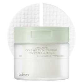 celimax Ji.Woo.Gae CICA BHA Blemish Toner Pad | BHA PHA LHA Complex, Centella Asiatica Extract, Hydrating, Moisturizing, Soothing, Reparing, (60 Pads)