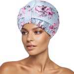 INNELO Luxury Shower Cap for Women Reusable Waterproof, Double Layered Shower Hair Cap with Adjustable Elastic Strap, Large Satin Lined Shower Bath Cap for Long Curly Straight Hair, Blue-Flower