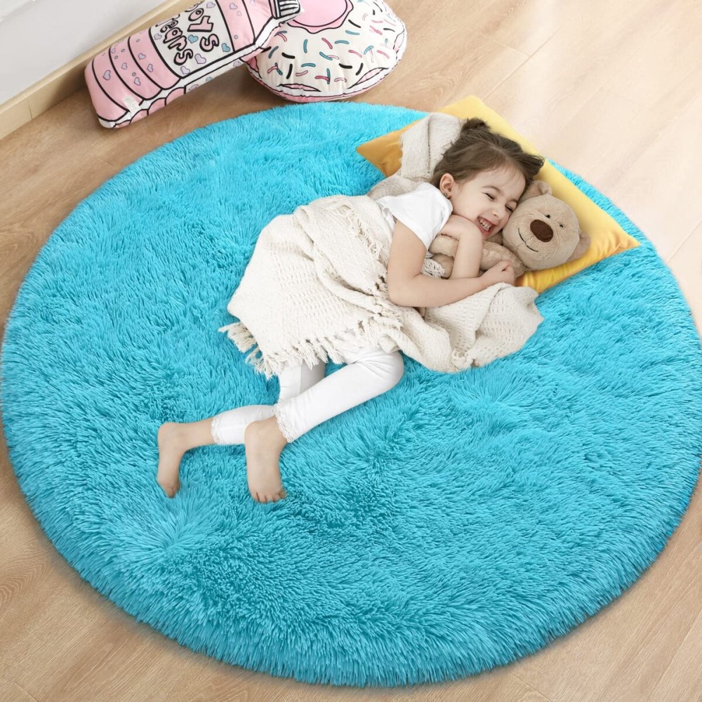 Gifeas Blue Round Rug for Girls Bedroom, Fluffy Circle Carpet 4\'X4\' for Kids Room Decor Shaggy Circular Rug for Baby Nursery Dorm Upgrade Fuzzy Plush Rug for Living room Cute Room Decor for Teens Baby