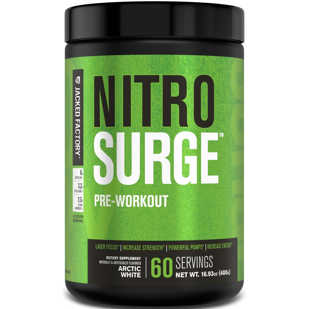 Jacked Factory NITROSURGE Pre Workout Supplement - Endless Energy, Instant Strength Gains, Clear Focus, Intense Pumps - NO Booster & Powerful Preworkout Energy Powder - 60 Servings, Arctic White