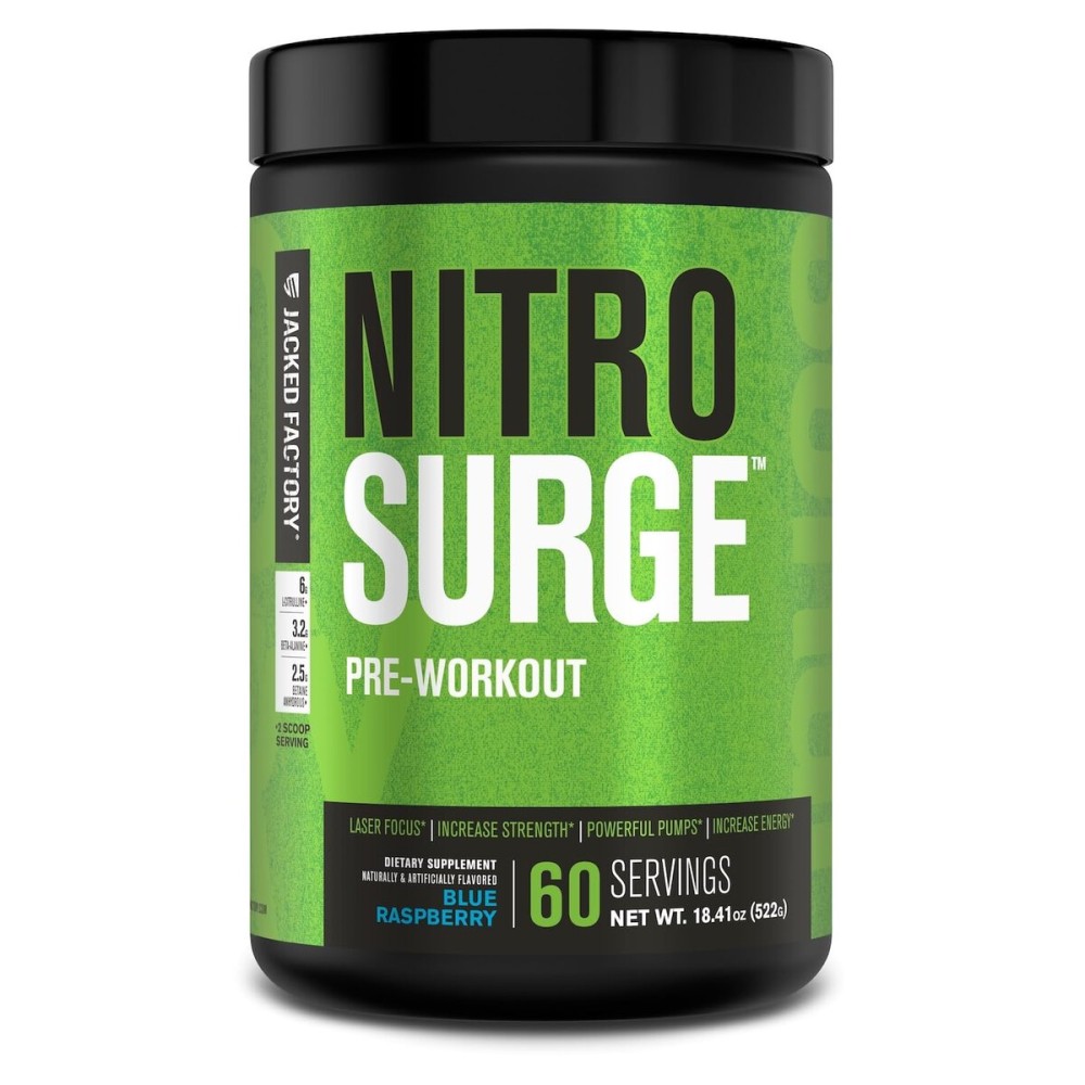 Jacked Factory NITROSURGE Pre Workout Supplement - Energy Booster, Instant Strength Gains, Clear Focus, & Intense Pumps - NO Booster & Powerful Preworkout Energy Powder - 60 Servings, Blue Raspberry