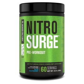 Jacked Factory NITROSURGE Pre Workout Supplement - Energy Booster, Instant Strength Gains, Clear Focus, & Intense Pumps - NO Booster & Powerful Preworkout Energy Powder - 60 Servings, Blue Raspberry