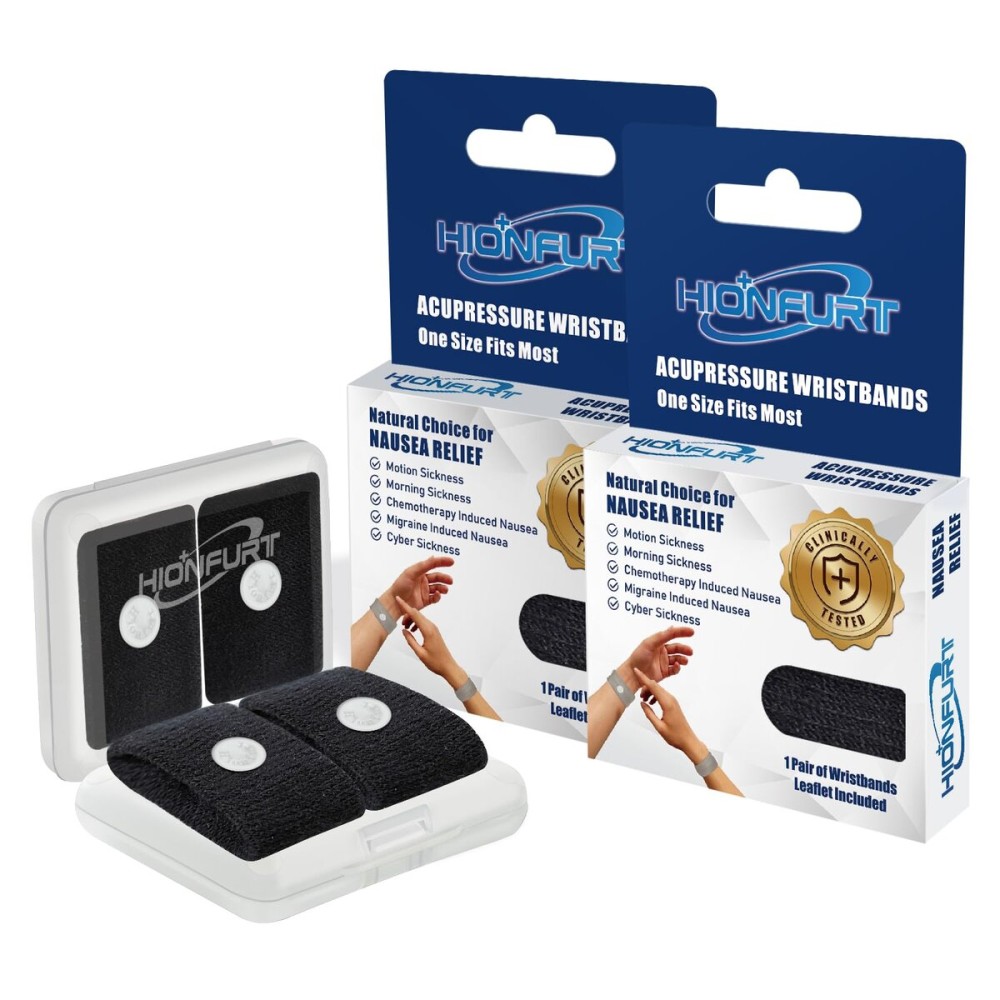 Hionfurt Motion Sickness Bands Anti Nausea Wristband for Adult and Kids Morning Sickness Relief for Pregnant Women Acupressure Nausea Relief for Car, Sea, Air Sickness - 2 Pairs Black, Black