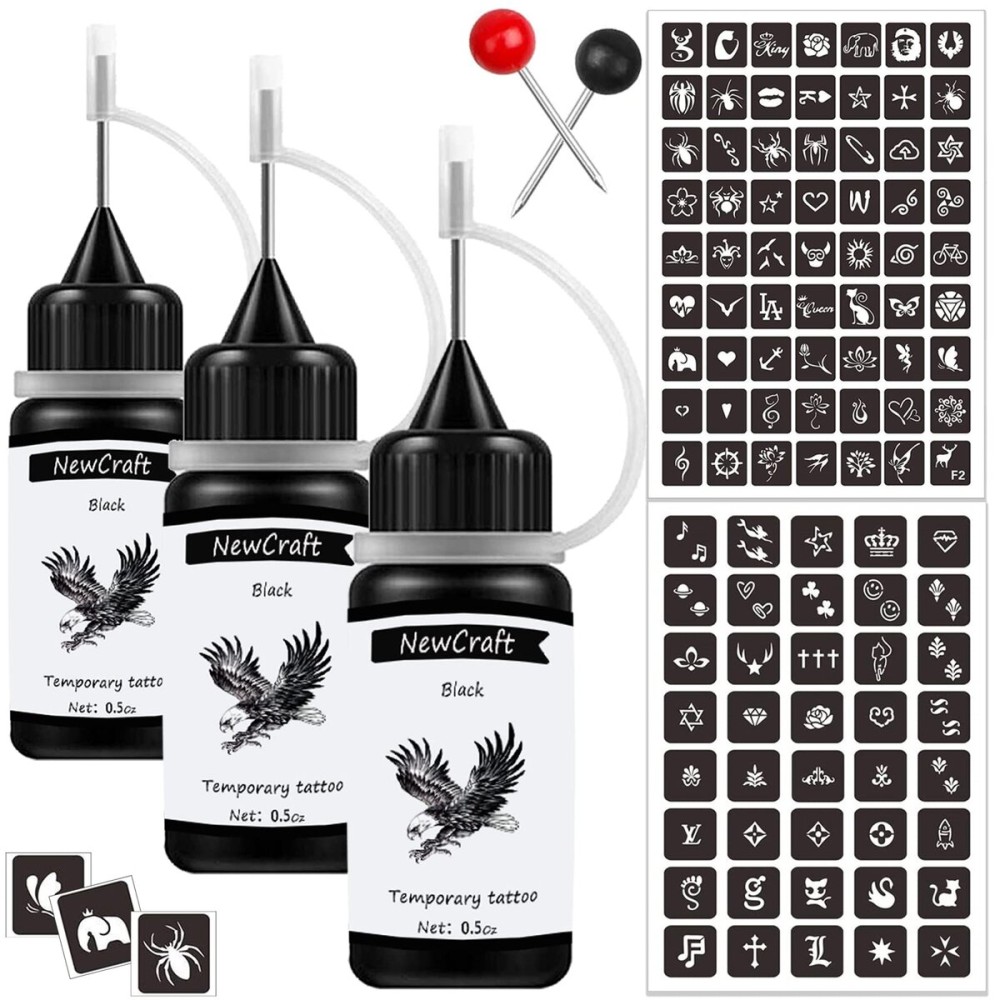 3 Packs Black Temporary Tattoo Ink and Stencils for Adults Teens, Temporary Tattoo Kit Skin Friendly
