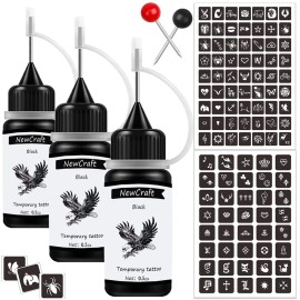 3 Packs Black Temporary Tattoo Ink and Stencils for Adults Teens, Temporary Tattoo Kit Skin Friendly
