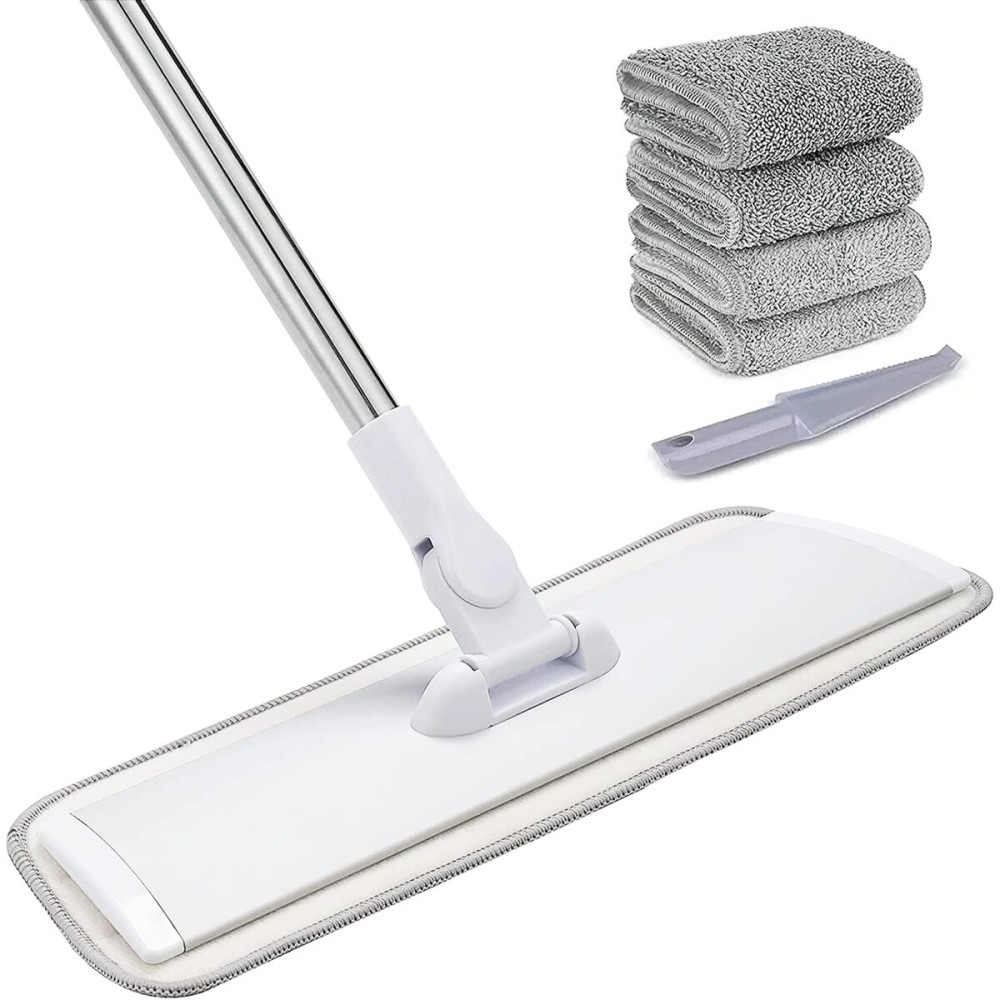 18 Professional Microfiber Mop Floor Cleaning System, Flat Mops with Stainless Steel Handle, 4 Reusable Washable Mop Pads, Wet and Dust Mopping for Hardwood, Vinyl, Laminate (White&Grey)
