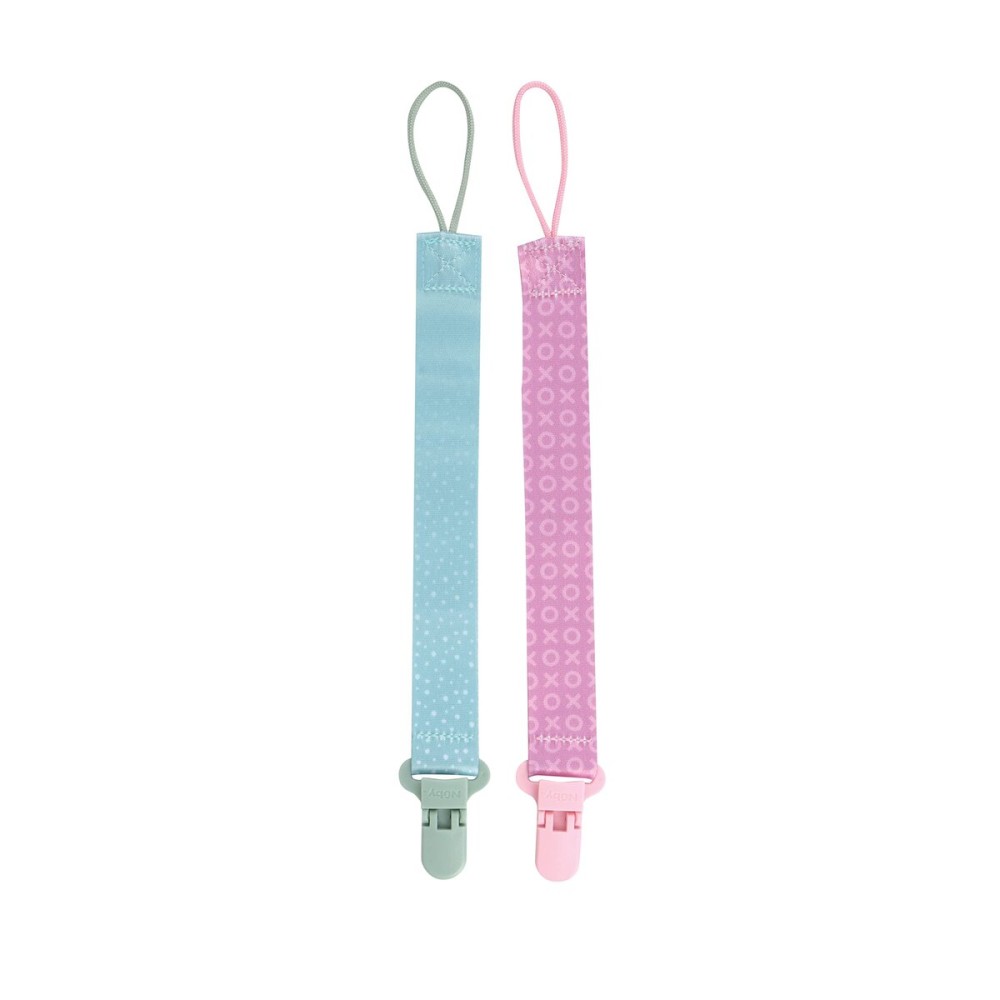 Nuby Pacifinder Baby Pacifier Clip - (2-Pack) - Pacifier Holder Clip with Convenient Hook Loop - Green Dots and Pink XOs