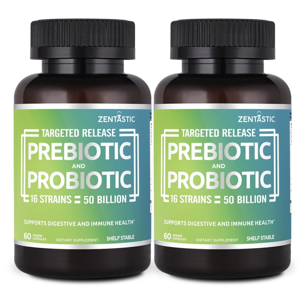 Zentastic Probiotics & Prebiotics Supplement - 50 Billion CFU - for Men & Womens Immune & Digestive Health - 16 Strains - Shelf Stable - 120 Delayed Release Veggie Capsules