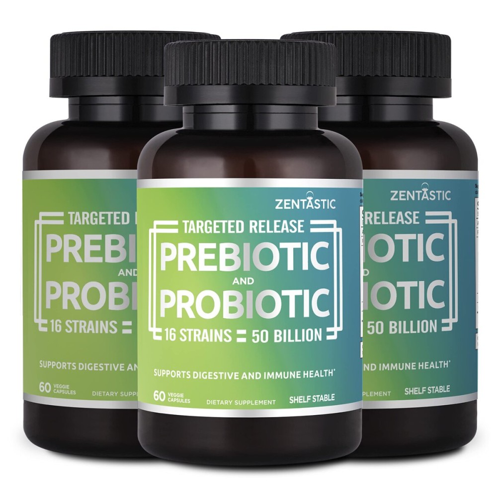 Zentastic Probiotics & Prebiotics Supplement - 50 Billion CFU - for Men & Womens Immune & Digestive Health - 16 Strains - Shelf Stable - 180 Delayed Release Veggie Capsules