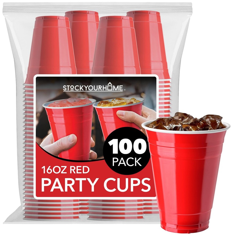 Stock Your Home Red Plastic Cups Disposable, 16oz (100 Count) Heavy-Duty, Large Party Cup Pack Bulk Pack for Drinking Punch, Soda, Wine, Beer, 4th of July, Halloween