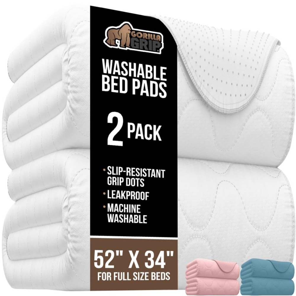 GORILLA GRIP Washable Underpads, Waterproof Reusable Heavy Absorbency Incontinence Bed Pads, Leak Proof Toddler Mattress Pad, 52x34 2 Pack, Slip Resistant for Bedwetting, Adults and Kids, White