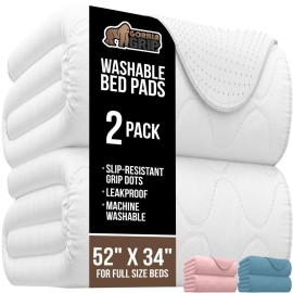 GORILLA GRIP Washable Underpads, Waterproof Reusable Heavy Absorbency Incontinence Bed Pads, Leak Proof Toddler Mattress Pad, 52x34 2 Pack, Slip Resistant for Bedwetting, Adults and Kids, White