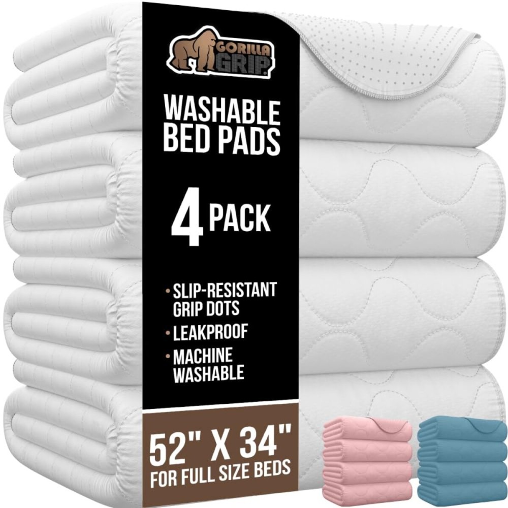GORILLA GRIP Washable Underpads, 52x34 4 Pack Waterproof Reusable Heavy Absorbency Incontinence Bed Pads, Leak Proof Toddler Mattress Pad, Slip Resistant for Bedwetting, Adults and Kids, White