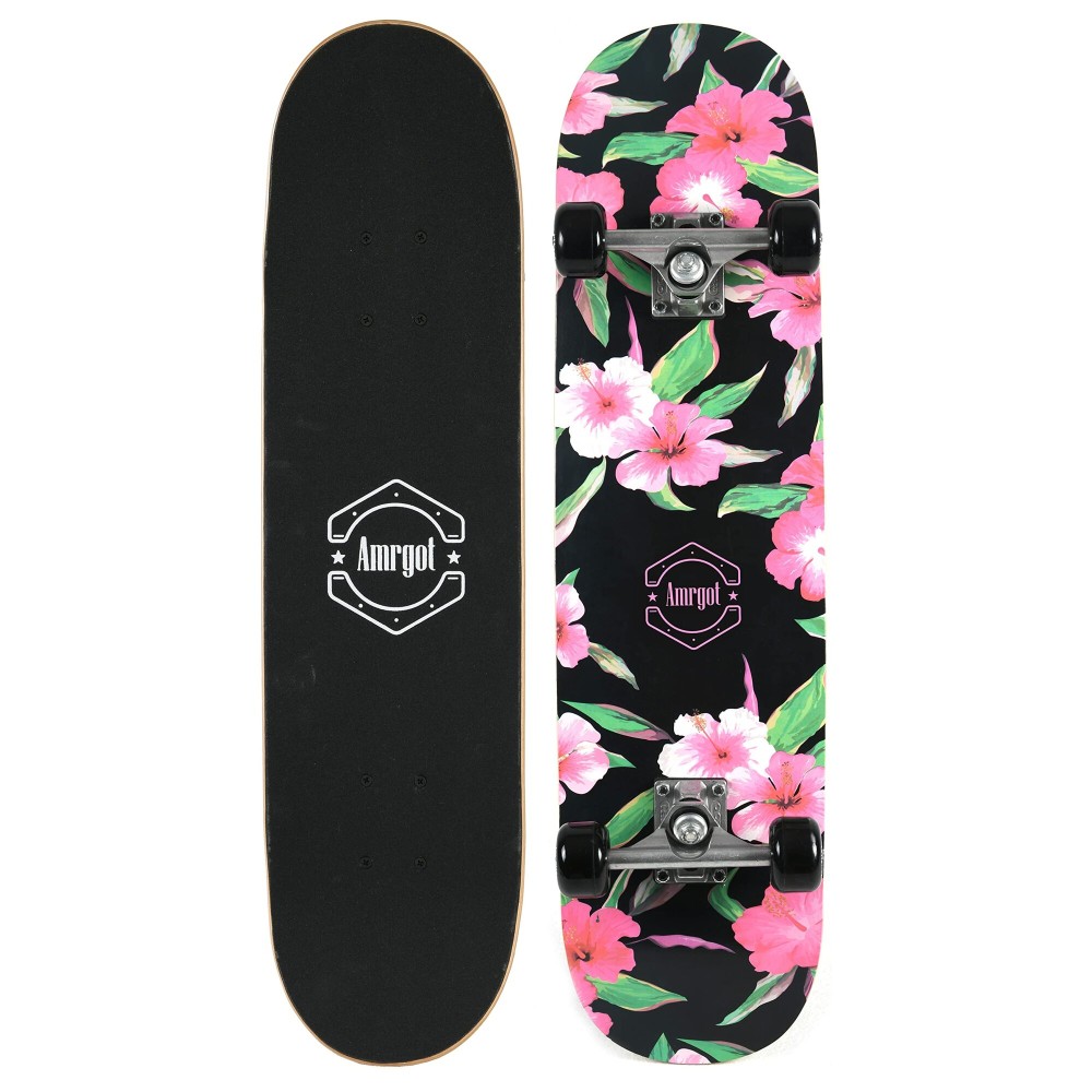 Amrgot Skateboards for Beginners,31 * 8 inches Complete Skateboards for Kids,Boys,Girls and Adults,7 Layer Maple Wood,Double Kick Deck Concave Standard and Tricks Skateboard (Black)